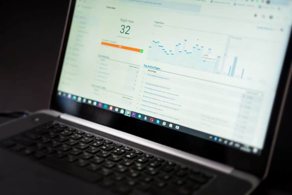 Laptop displaying analytics and SEO data for digital marketing strategies.